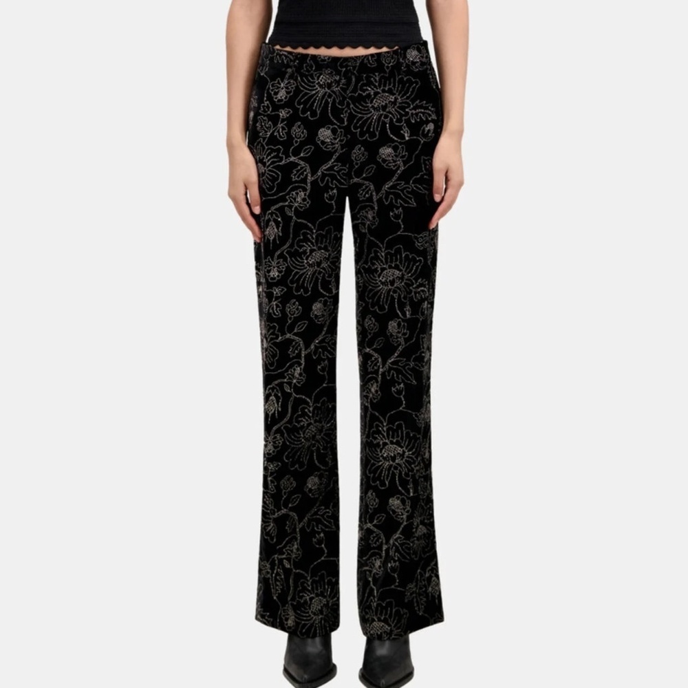 NWT | The Kooples | Black Velvet Trousers with Embroidered Metallic Floral Print - Picture 1 of 11